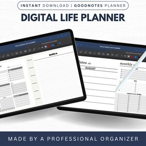 May include: A digital life planner app on an iPad with a stylus. The app has a daily, monthly, and notes section. The app is designed to help users organize their lives.