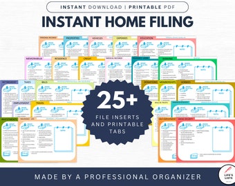 Printable Instant Home Filing System | 27 File Cards/Index | Hanging File Tabs | Paper Organization System | Digital File | by Life's Lists