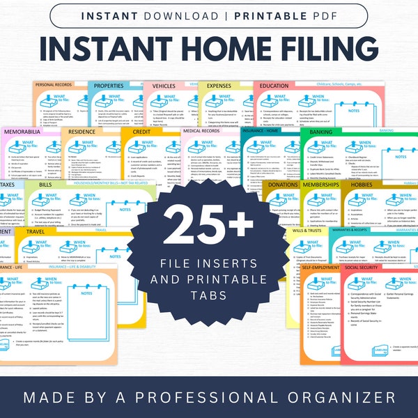 Printable Instant Home Filing System | 27 File Cards/Index | Hanging File Tabs | Paper Organization System | Digital File | by Life's Lists