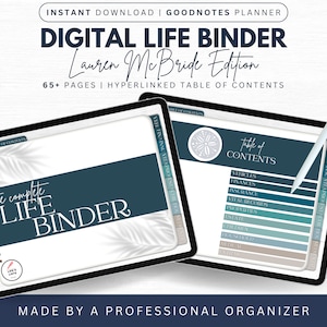May include: A digital life binder with a blue and white color scheme. The cover features the text "The complete LIFE BINDER" and a palm leaf design. The binder is open to a table of contents page with a list of categories, including "Vehicles", "Finances", "Insurance", and "Vital Records".