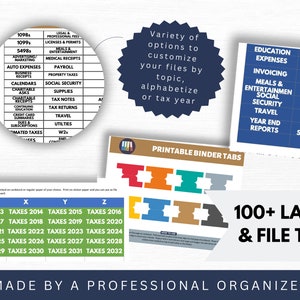 May include: A set of printable binder tabs and labels for organizing files. The tabs are color-coded and labeled with different categories, such as "Taxes 2013", "Taxes 2014", "Taxes 2015", and "Taxes 2016". The labels are also color-coded and labeled with different categories, such as "Education Expenses", "Invoicing", "Meals & Entertainment", and "Social Security".