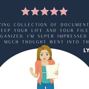 Puede incluir: Una mujer sonr&iacute;e y sostiene un documento con una calificaci&oacute;n de cinco estrellas. El texto dice "AMAZING COLLECTION OF DOCUMENTS TO KEEP YOUR LIFE AND YOUR FILES ORGANIZED. I'M SUPER IMPRESSED AT HOW MUCH THOUGHT WENT INTO THESE. LYRIS"