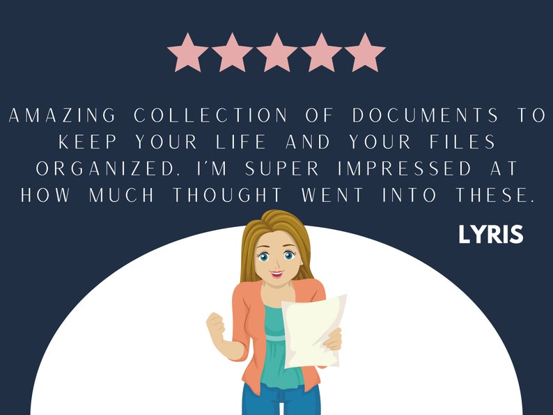 Puede incluir: Una mujer sonr&iacute;e y sostiene un documento con una calificaci&oacute;n de cinco estrellas. El texto dice "AMAZING COLLECTION OF DOCUMENTS TO KEEP YOUR LIFE AND YOUR FILES ORGANIZED. I'M SUPER IMPRESSED AT HOW MUCH THOUGHT WENT INTO THESE. LYRIS"