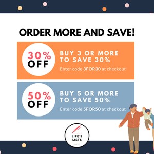 May include: A blue and orange graphic with the text "ORDER MORE AND SAVE!" and two discount offers. The first offer is 30% off when you buy 3 or more items and the second offer is 50% off when you buy 5 or more items. The graphic also includes a cartoon illustration of a family of three.