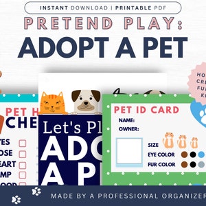 May include: Printable pretend play activity set for kids. The set includes a pet health checklist, a pet adoption form, and a pet ID card. The cards feature colorful illustrations of cats and dogs.