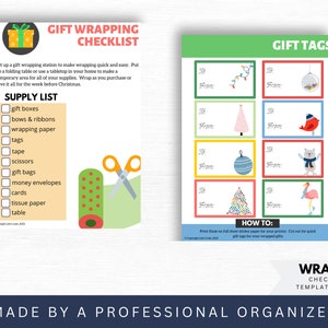 May include: A printable checklist and gift tags for wrapping presents. The checklist includes items like gift boxes, bows, wrapping paper, tape, scissors, gift bags, money envelopes, cards, tissue paper, and a table. The gift tags feature festive Christmas designs like a Christmas tree, ornaments, a bird, and a flamingo.