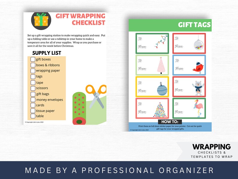 May include: A printable checklist and gift tags for wrapping presents. The checklist includes items like gift boxes, bows, wrapping paper, tape, scissors, gift bags, money envelopes, cards, tissue paper, and a table. The gift tags feature festive Christmas designs like a Christmas tree, ornaments, a bird, and a flamingo.