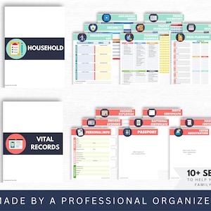 Vital records and home binder templates.  Cleaning schedules, checklists, grocery lists, personal information tracker, passport page, marriage license page in navy blue,  red and aqua colors.