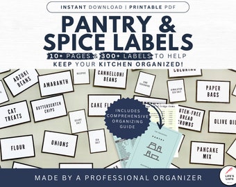 May include: A printable PDF download of pantry and spice labels. The labels are white with black text and are arranged on a light brown surface. The labels include names like "Adzuki Beans", "Amaranth", "Butterscotch Chips", "Cat Treats", "Flour", "Onions", "Cake Flour", "Cannelloni Beans", "Paper Bags", "Olive Oil", "Uten-Free Bread Crumbs", "Pancake Mix". The image also includes a page from the PDF with a list of pantry organizing tips.