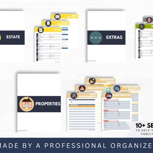 Life Binder templates for estates and properties.  Paint color tracker, contacts sheet, estate planning, household projects list, property information, pet information in yellow, beige and navy blue.