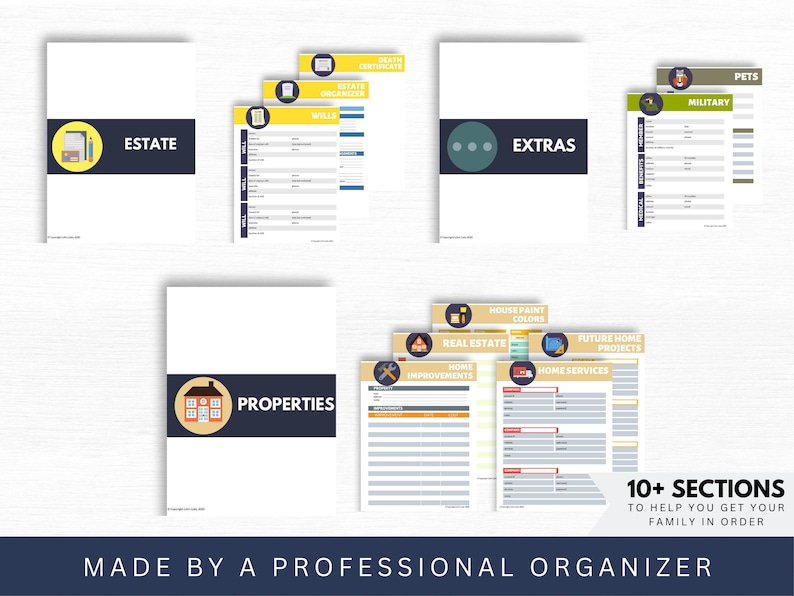 Life Binder templates for estates and properties.  Paint color tracker, contacts sheet, estate planning, household projects list, property information, pet information in yellow, beige and navy blue.