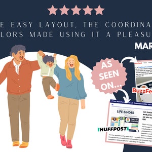 May include: A family of three, a man, a woman, and a child, are walking together. The woman is wearing a blue jacket and the man is wearing a red jacket. The caption reads "The easy layout, the coordinated colors made using it a pleasure. Mary P." and "As seen on..." with logos for BuzzFeed and HuffPost.