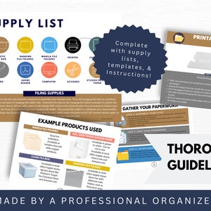 May include: A printable hanging file folder system with a supply list, templates, and instructions. The image shows a variety of office supplies, including plastic file boxes, hanging file folders, manila file folders, a printer, a pen, a computer, scissors, and sticker paper. The image also includes a step-by-step guide to assembling the hanging file folder system.