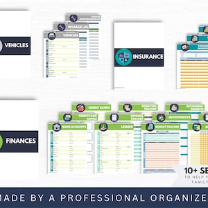 Vehicle tracking templates, insurance tracking templates and financial templates for budgeting, loan tracking and bill tracking in green, navy blue, gray and teal.