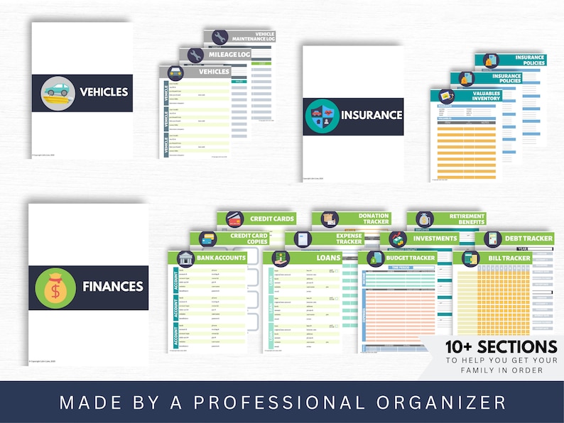 Vehicle tracking templates, insurance tracking templates and financial templates for budgeting, loan tracking and bill tracking in green, navy blue, gray and teal.
