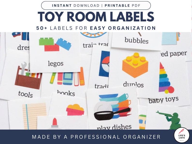 Toy Room labels for Lego, bubbles, Duplos, baby toys, tools, books, play dishes, colored paper, dress up in multiple colors.