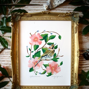 Yellowhammer Art Print, Northern Flicker Painting, Alabama State Bird Artwork, Camelia Flower Wall Art, 4x6, 5x7, 8x10 inches