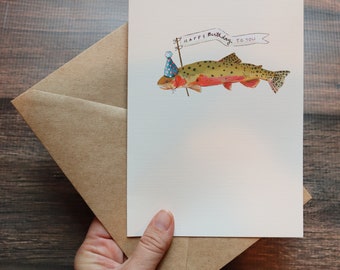 Trout Birthday Card | Fly Fishing Guy Birthday Stationery | Fisherman Card Gifts | Man Fishing Notecard | Happy Birthday to You