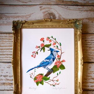 Blue Jay Art Print, Bluejay Artwork, Bird Painting, Birds and Flowers, Cherry blossom Tree 4x6, 5x7, 8x10 image 1