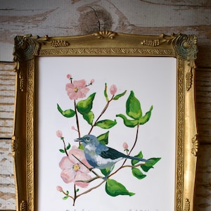 Mockingbird Art Print, Mocking bird painting, flower artwork, Birds Wall Decor - 4x6, 5x7, 8x10 inches
