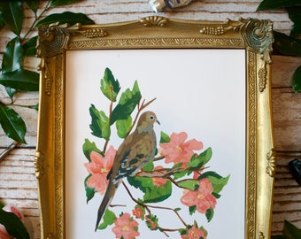 Mourning Dove Art Print, Dove and Crabapple Tree Painting, Bird Wall Art with Flowers, Traditional Birds - 4x6, 5x7, 8x10 inches