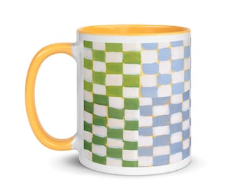 Colorful, Checkered - Plaid Mug with Color Inside | Pink - Blue Checked Coffee Cup