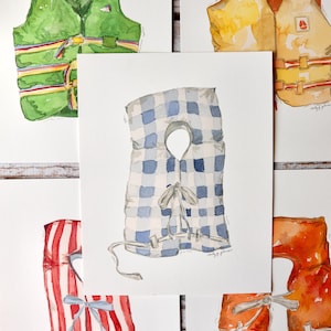 Watercolor Life Jacket Art Prints | Painted Lifesaver Artwork | Lake House Life Jacket Wall Art | Vintage Lake Water Home Decor