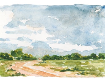 Aquarell Landschaft Kunst Gemälde Druck, Abstrakt, Horizontal, Grün und Blau, Landstraße, Aquarell Kunstwerk