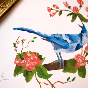 Blue Jay Art Print, Bluejay Artwork, Bird Painting, Birds and Flowers, Cherry blossom Tree 4x6, 5x7, 8x10 image 4