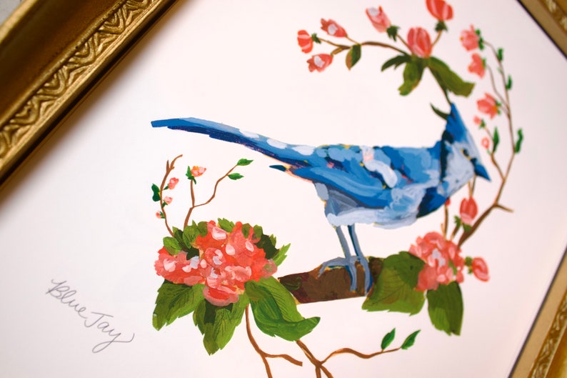 Blue Jay Art Print, Bluejay Artwork, Bird Painting, Birds and Flowers, Cherry blossom Tree 4x6, 5x7, 8x10 image 4