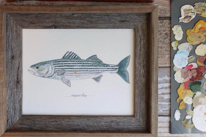 Fly Fishing 8x10 Lake Art Painting Fisherman Saltwater Christmas Present Fish Freshwater 11x14 Print STRIPED BASS Fishing