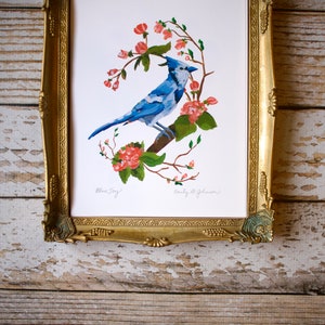 Blue Jay Art Print, Bluejay Artwork, Bird Painting, Birds and Flowers, Cherry blossom Tree 4x6, 5x7, 8x10 image 6