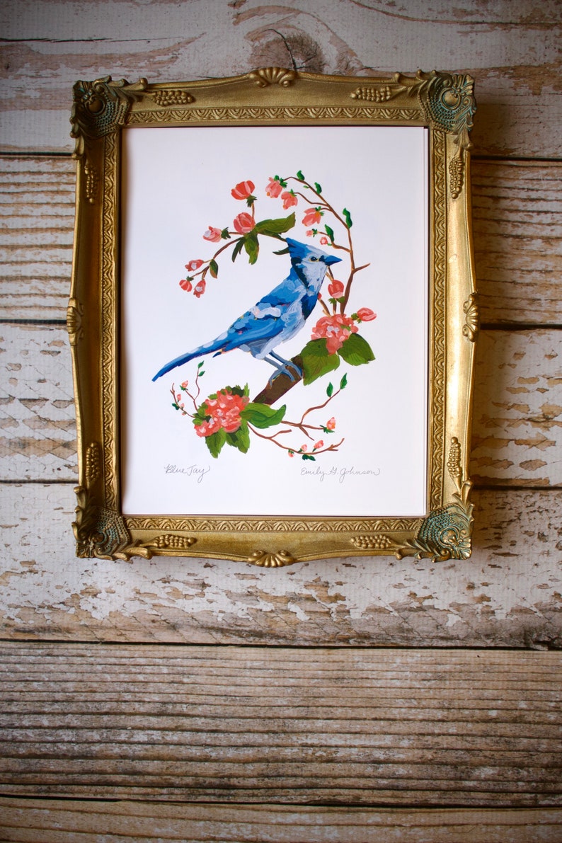 Blue Jay Art Print, Bluejay Artwork, Bird Painting, Birds and Flowers, Cherry blossom Tree 4x6, 5x7, 8x10 image 6