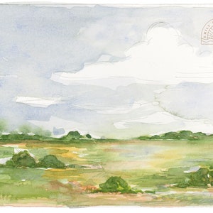 Watercolor Landscape Art Painting Print, Abstract, Horizontal, Green and Blue, Colorful Field, Water color Artwork