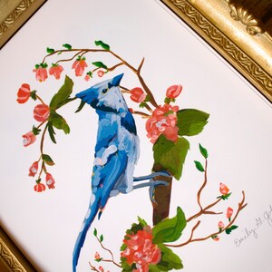 Blue Jay Art Print, Bluejay Artwork, Bird Painting, Birds and Flowers, Cherry blossom Tree 4x6, 5x7, 8x10 image 2