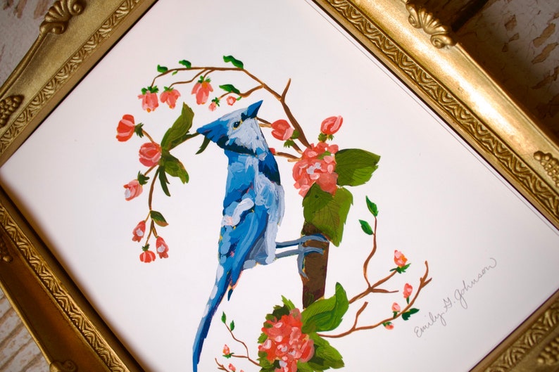 Blue Jay Art Print, Bluejay Artwork, Bird Painting, Birds and Flowers, Cherry blossom Tree 4x6, 5x7, 8x10 image 2