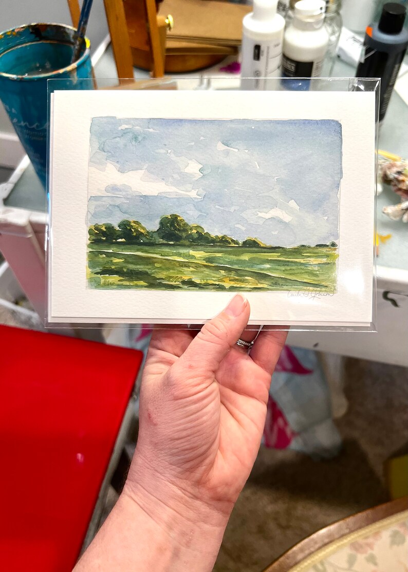 Watercolor Landscape Art Painting Print | Abstract Green and Blue Field ...