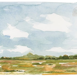 Watercolor Landscape Art Painting Print, Abstract, Horizontal, Golden Field, Water color Artwork