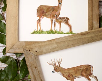 2 Prints - Whitetail Deer and Buck Art Print, Doe and stag Painting, Deer Hunting, Outdoors, Mom and Baby Deer, Art, fawn artwork