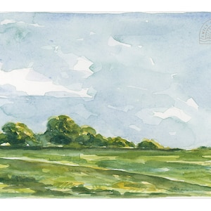Watercolor Landscape Art Painting Print, Abstract, Horizontal, Green and Blue, Field, Water color Artwork
