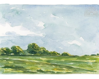 May include: A watercolor painting of a green field with a line of trees in the distance. The sky is a light blue with white clouds. The painting is signed "Emily Johnson Art" in the upper right corner.