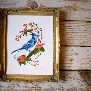 Blue Jay Art Print, Bluejay Artwork, Bird Painting, Birds and Flowers, Cherry blossom Tree 4x6, 5x7, 8x10 image 3