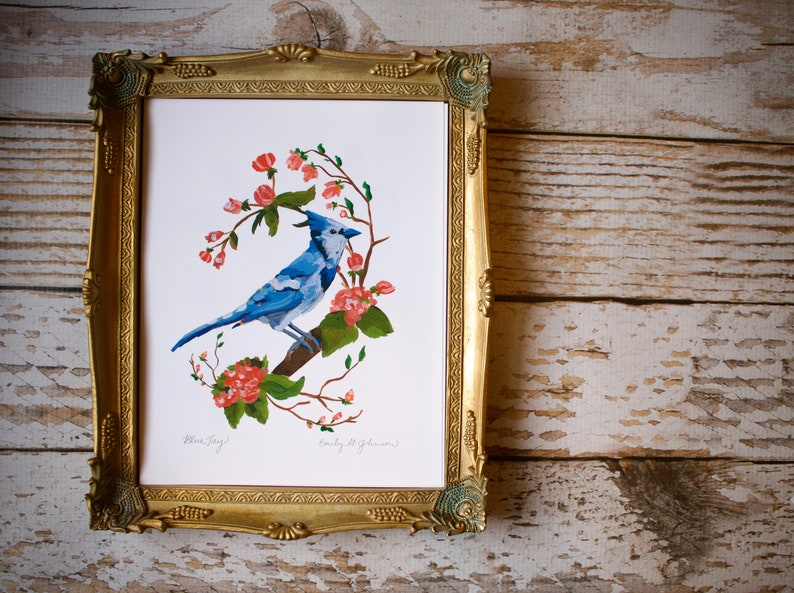 Blue Jay Art Print, Bluejay Artwork, Bird Painting, Birds and Flowers, Cherry blossom Tree 4x6, 5x7, 8x10 image 3