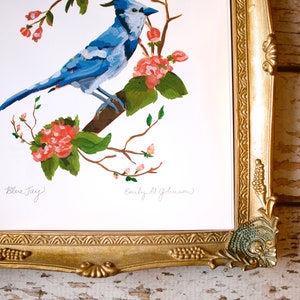 Blue Jay Art Print, Bluejay Artwork, Bird Painting, Birds and Flowers, Cherry blossom Tree 4x6, 5x7, 8x10 image 5