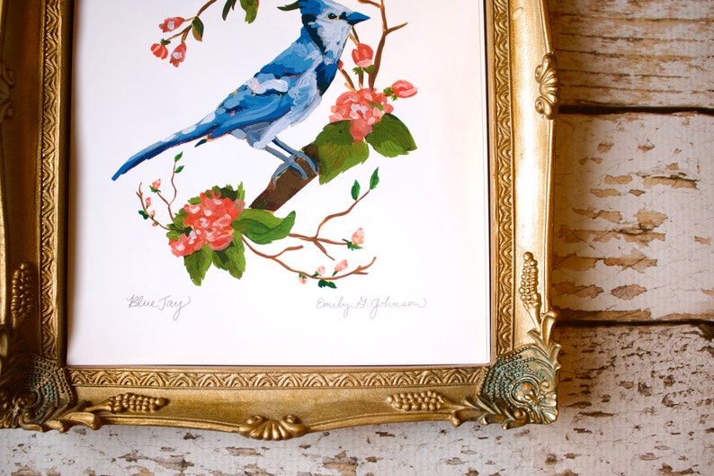 Blue Jay Art Print, Bluejay Artwork, Bird Painting, Birds and Flowers, Cherry blossom Tree 4x6, 5x7, 8x10 image 5