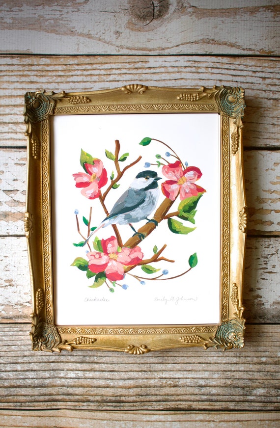 Chickadee Bird Art Print | Bird Flower Painting