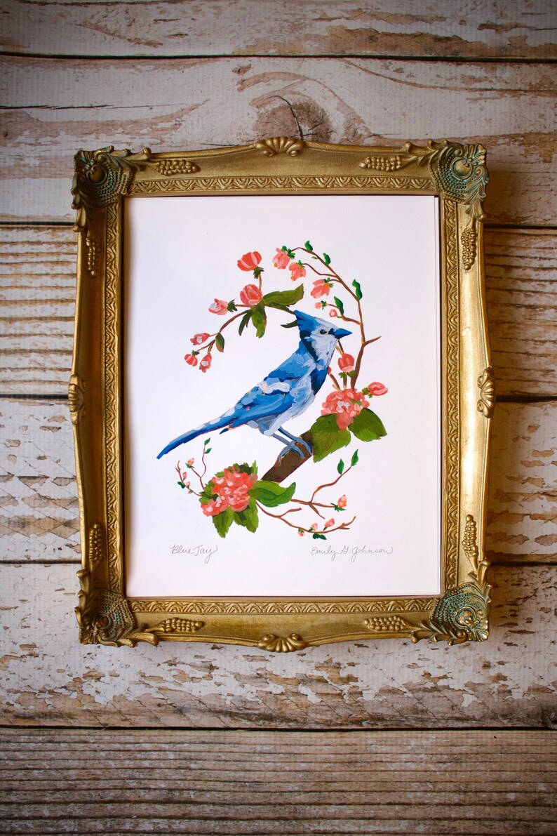 Blue Jay Art Print, Bluejay Artwork, Bird Painting, Birds and Flowers, Cherry blossom Tree 4x6, 5x7, 8x10 image 1