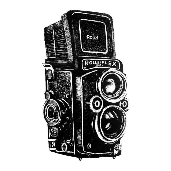 Rolleiflex - DIGITAL PRINT - Lithography of a Photographic Film Camera in Black and White