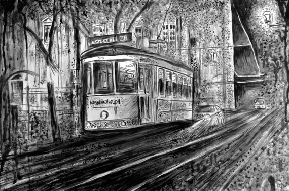 Lissabon Stad Schilderij Inkt Schilderij Tekening Lissabon Etsy