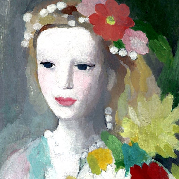 Art vintage, Peinture florale, Portrait d'une jeune femme aux fleurs Laurencin FINE ART PRINT, Français art, wallart, home decor, print, poster